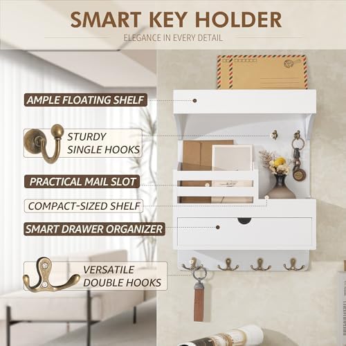 Rebee Vision Key Holder Wall Mount with Drawer & Shelf for Entryway, White - Image 5