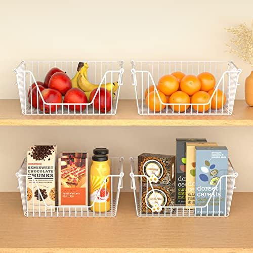 Slideep 14'' Large Stackable Storage Baskets Cabinet Organizer Sturdy Metal Wire Pantry Freezer Bin for Pantry Home Bathroom Kitchen Organization White - 4 Pack - Image 5