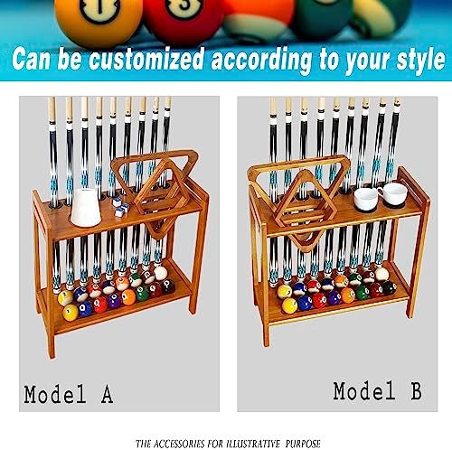 Pool Stick Holder Floor Stand Holds 9 Cues & Pool Table Accessories. Wooden 2-Tier Cue Stick Storage with Ball Rack Hangers, Billiard Cone Chalk Holder or Drink Pads - Image 2