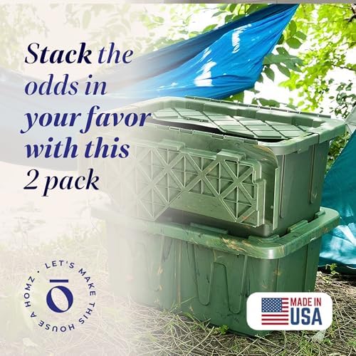 HOMZ 2-Pack Durabilt Tote, Heavy Duty Plastic Storage Bins with Lids, 15 Gallon, Green Camo - Stackable Organizing Containers for Home, Garage, and Office - Image 2