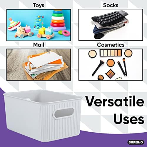 Superio Ribbed Collection - Decorative Plastic Basket Open Home Storage Bins Organizer, Medium White Smoke (4 Pack) Container Boxes for Organizing Closet Storage Bins for Shelves Drawer Shelf 5 Liter - Image 4