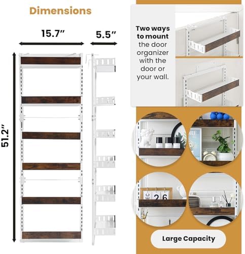 Over-The-Door Organizer – 6-Tier Wooden Pantry Storage Shelf with 12 Hooks, Wall-Mount or Hanging Spice Rack for Kitchen, Bathroom, or Closet - Image 2
