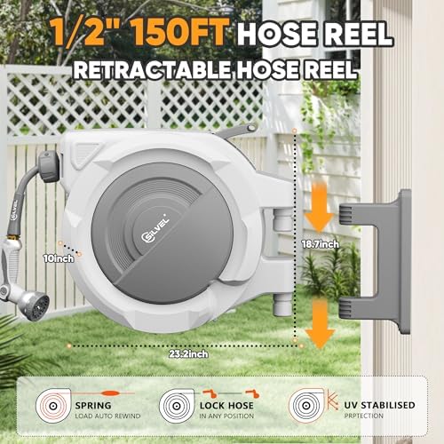 Retractable Garden Hose Reel, 1/2" x 150FT Heavy Duty Auto Hose Reel Wall Mounted, Upgraded UV Resistant with 10 Pattern Nozzle, Any Length Lock & Slow Return System,180°Swivel Bracket,Light Grey - Image 4
