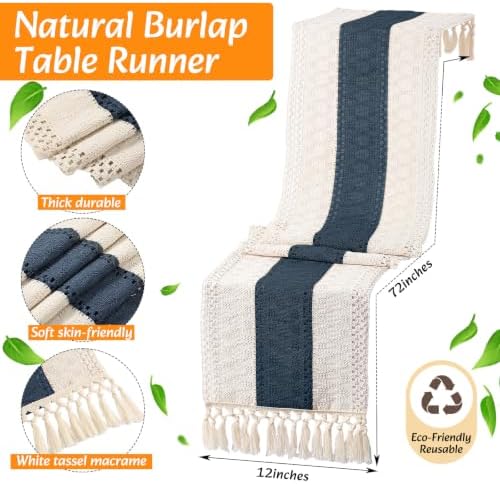 4 Sets Boho Placemat Table Runner Napkin Rings, Blue, 12x72 - Image 4