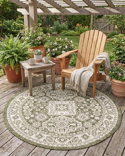 Rugs.com - Outdoor Aztec Rug – 4 Ft Round Green Indoor/Outdoor Rug – Washable Flatweave Tribal Design for Patios, Decks, and Porches by Rugscom