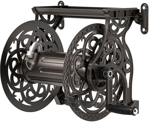 Garden Hose Reel Wall Mount Metal, Holds 125 ft x 5/8" Decorative Water Hose Holder for Outside Storage, Heavy Duty Aluminum Frame w/Shelf, No-Leak Aluminum Water System, Easy Assmbly, Dark Bronze by AQUAZILLA