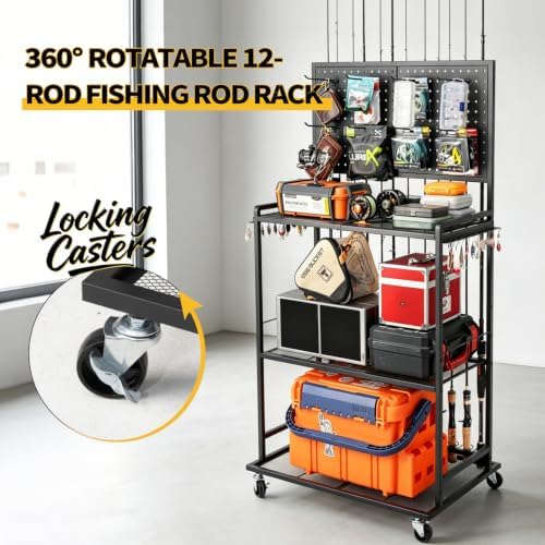 SOYEEZE Fishing Rod Holders for Garage, Fishing Pole Holder Up to 12 Rods with Pegboard and Hooks,Rolling Fishing Cart with Wheels, Fishing Gear Storage For Tackle Box & Reel Organization-4 Side Fence - Image 5
