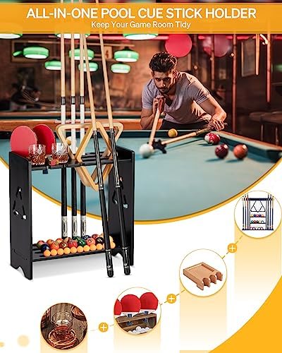 EXTCCT Pool Stick Holder Floor Stand, Wood with 2 Cup Holders, Black - Image 5