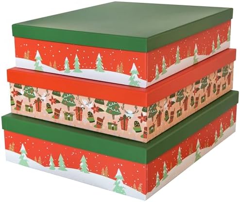 Soul & Lane - Large Christmas Gift Boxes with Lids, Set of 3, Red and Green by SoulLane