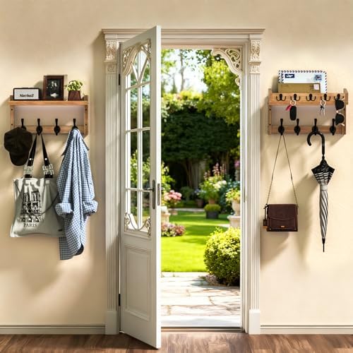 35'' Brown Coat Rack Wall Mount with Shelf, Solid Wood Coat and Key Hanger with 13 Metal Hooks, Farmhouse Wall Organizer for Mail, Entryway Wall Hangers for Hats, Clothes, Backpacks, Mudroom - Image 4