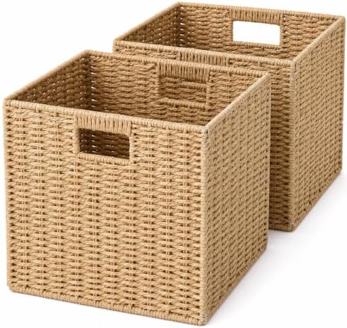 13x13x13 Inch Wicker Storage Basket Set of 2, FAAYUCK Handwoven Storage Cube Bins with Handle for Shelves, Foldable Wicker Organizer Basket for Bedroom, Laundry, Livingroom by FAAYUCK