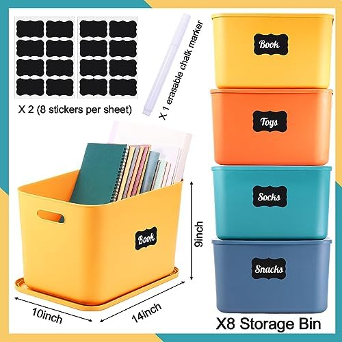 Tanlade 8 Pcs Plastic Storage Bins Stackable Baskets with Lid and Handle Colorful Desktop Storage Box Cubby Containers for Shelf Bedroom Office, Include 1 Erasable Marker, 16 Stickers (14 x 10 x 9 In) - Image 2