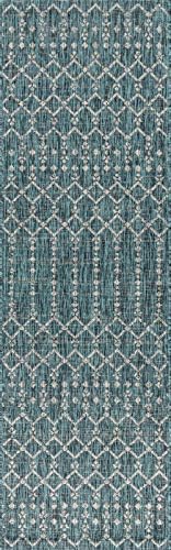 Eyely Moroccan Textured Weave Runner Rug 2X10 Teal/Gray, Indoor Outdoor Rug - Image 3
