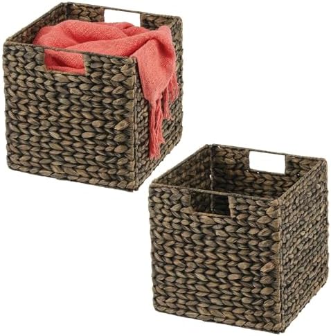 mDesign Natural Woven Hyacinth Cube Organizer Basket with Handles, Storage for Bathroom, Laundry Room Shelf or Nursery - Perfect for Cubby Storage Units - Hold Blankets and Books - 2 Pack, Black Wash by mDesign