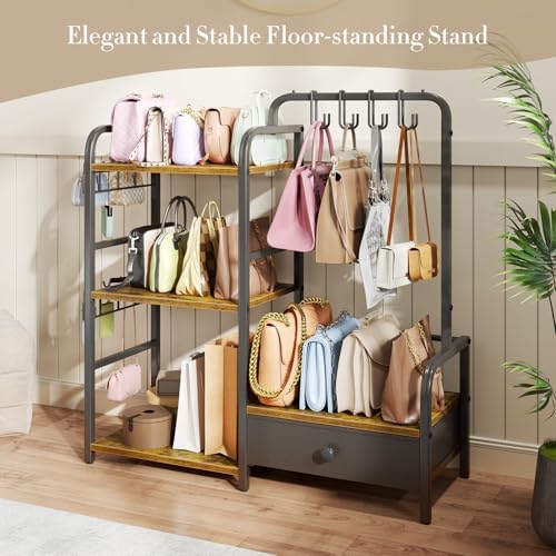 Purse Organizer for Closet, with Bottom Drawer, Extra Large Capacity 3 Tier Handbag Storage Rack for Women, 10 Purse Hanger and Hooks for Bag Organizer, Floor-Standing, Home, Living Room (Black) - Image 3