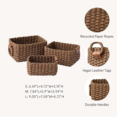La Jolíe Muse Woven Storage Baskets, Recycled Paper Rope Bin Organizer Divider for Cupboards Drawer Closet Shelf Dresser, Set of 3 (Chocolate) - Image 2
