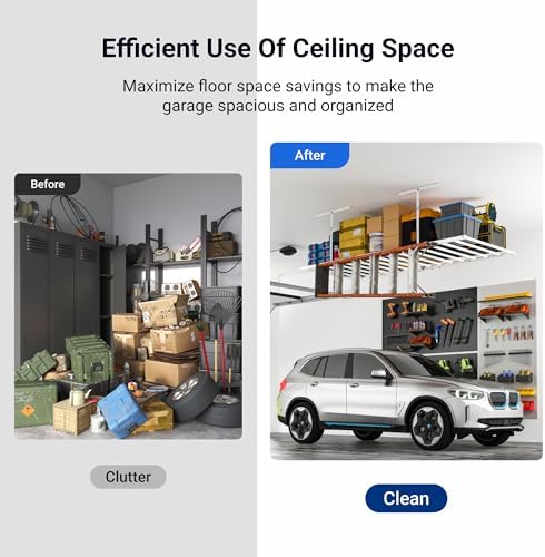 FLEXIMOUNTS 4x8 Overhead Garage Storage Rack with 6 Hooks, 2 Pack, White - Image 6