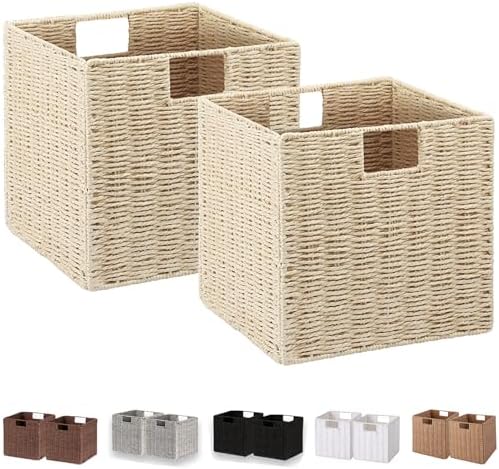Vagusicc Wicker Storage Basket, Set of 2 Hand-Woven Paper Rope Storage Baskets, Foldable Cube Storage Organizer Bins, 11 Inch Wicker Storage Baskets for Shelves and Decor, Square Storage Basket, Beige by Vagusicc