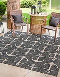 Unique Loom Outdoor Coastal Collection Area Rug - Ahoy (13' Square, Charcoal/ Ivory) by UniqueLoom