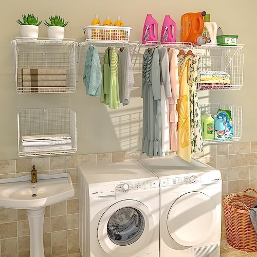 2 Pack Laundry Room Shelves Wall Mounted with Wire Baskets, Over the Washer and Dryer Shelf with Clothes Drying Rack, 8 Hooks，Wire Shelves Baskets for Laundry Closet Organization and Storage, White - Image 2