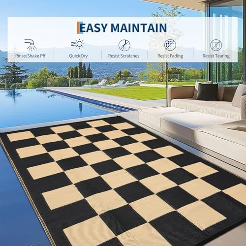 GarveeHome Large Outdoor Rug 9 x 18 Waterproof Modern Checkboard Plastic Straw Rug, Foldable Reversible Camping Mat, UV-Resistant Geometric Plaid Woven Carpet for Picnic, Deck, Black Brown - Image 3