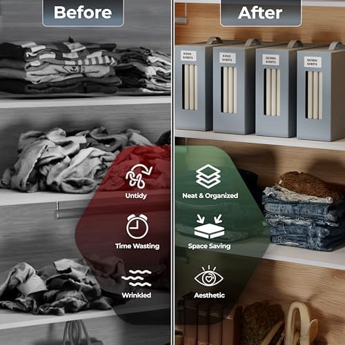 TIMBLE Bed Sheet Organizers & Storage, 10 Pack for King, Queen & Large Sheet Sets, Closet Organizer for Linens, Clothes, Blankets & Bedding, Foldable Fabric Bins with Handle, Name Tag & Window (Gray) - Image 6