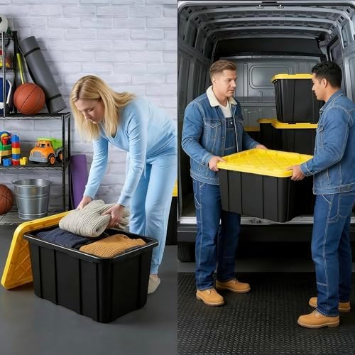 6-Pack Storage Bins Heavy Duty Stackable Industrial Tote 27-Gallon Plastic Container with Secure Snap-On Lids Design for Garage, Warehouse or Workshop Organization Black & Yellow - Image 2