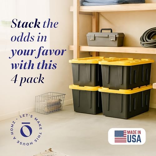 HOMZ Durabilt Plastic Storage Bins with Lids, 27 Gal, Black/Yellow, 4 Pack - Image 4