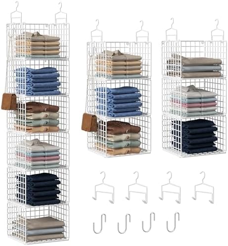 6 Tier Closet Hanging Organizer, Metal Closet Organizers and Storage with 4 Hanging Hooks 4 S-Hooks for Wardrobe Laundry Room, Wire Storage Shelf for Clothes Sweaters Pants (White) by Orapoke