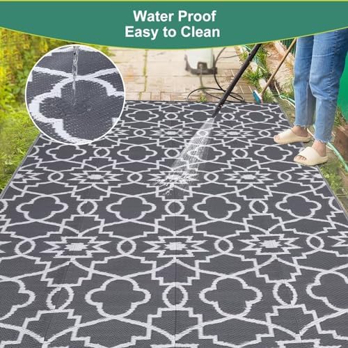 Reversible Mat 8x10 Plastic Straw Rug Outdoor Rug Geometric Area Rug Waterproof Patio Rug Outdoor Camping Rug for RV Porch Deck Camper Balcony Backyard Easy Cleaning Picnic Mat Grey White - Image 6