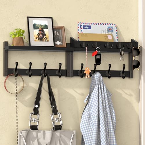 35'' Long Black Coat Rack Wall Mount with Shelf, Solid Wood Coat and Key Hanger with 13 Metal Hooks, Farmhouse Wall Organizer for Mail, Entryway Wall Hangers for Hats, Clothes, Backpacks by Unknown