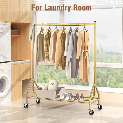 EAGMAK Heavy Duty Clothes Rack Load 420 LBS, Rolling Garment Rack with Lockable Wheels, Standing Metal Clothing Rack, Portable Wardrobe Sturdy Coat Rack for Hanging Clothes (Gold, 47.2″×18.9″×63″) - Image 6