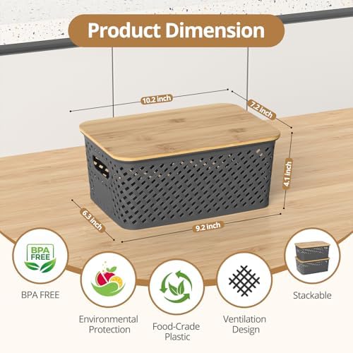 Plastic Storage Bins with Bamboo Lids, Stackable Small Box Baskets for Organizing and Containers for Shelves Drawers Desktop Closet Pantry Classroom Office Home, 6 Pack 10.2x7.2x4.1 Inch, Gray - Image 2