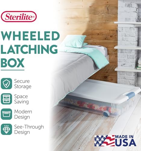 Sterilite 8-Pack Wheeled Latching Box, Plastic Under Bed Storage Bins with Lids, 56 Quart - Large Clear Stackable Tote Organizer Containers for Closet, Bedroom, Bathroom, and Office Organization - Image 3