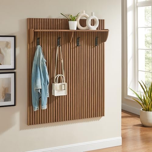 Modway Render Modern Fluted Wood Coat Rack Panel in Walnut with Shelf and Hooks – Wall-Mounted Entryway Organizer for Hallway, Mudroom, or Foyer - Image 4