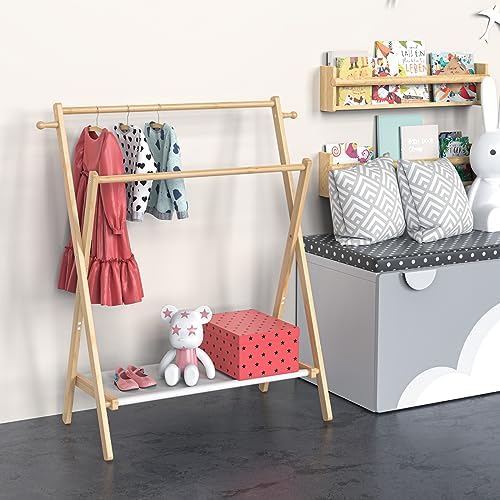 BAMBOOHOMIE Kids Clothing Rack, Small Clothes Rack for Toddler Pets, Kids Dress Up Rack with Storage Shelf & Double Rods, Foldable Kids Clothes Rack for Nursery Child's Room (Regular Size) - Image 5