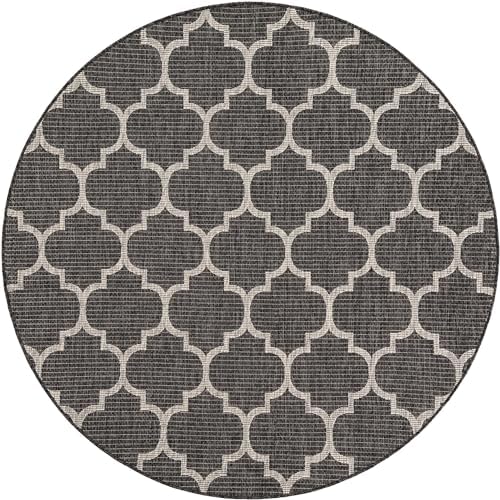 Unique Loom Outdoor Trellis Collection Area Rug (6' 1" Round Black/Ivory) - Image 3
