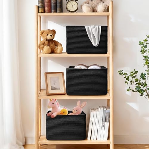 Storage Baskets for Organizing, 4 Pack Baskets for Shelves, Decorative Storage Bins for Shelves, Cotton Rope Storage Basket with Handles, Woven Basket for Storage, 13''Lx8.7''Wx7.9''H, Black - Image 2