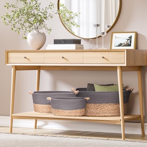 Seville Classics Premium Natural Handwoven Portable Laundry Bin Basket with Carrying Handles, Household Storage for Clothes, Linens, Sheets, Natural Water Hyacinth and Gray Rope, 3 Piece Set - Image 2