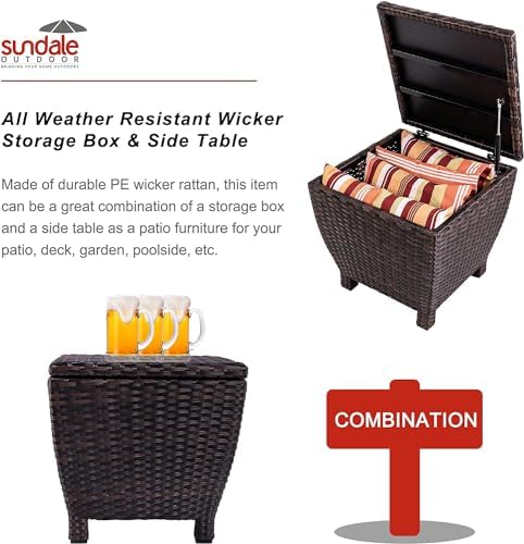 Sundale Brown Wicker Storage Box, 13 Gallon Outdoor Deck Bin with Lid - Image 2