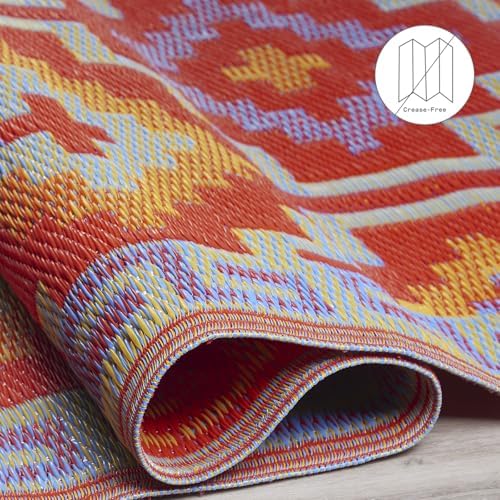 Fab Habitat Outdoor Rug - Waterproof, Fade Resistant, Crease-Free - Premium Recycled Plastic - Vintage Boho Kilim - Large Patio, Deck, Sunroom, Camping, RV - Lhasa - Orange & Violet - 8 x10 ft - Image 5