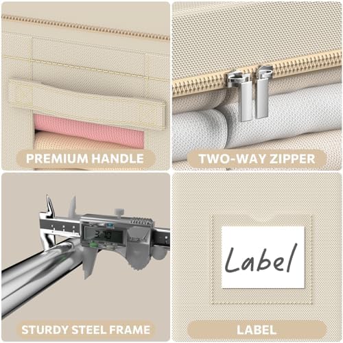 CYhom 3Pack Frame Storage Box - Clothes Storage Bin Bags Oxford Fabric Foldable Stackable Container Organizer Set with Clear Window & Carry Handles Large Capacity (Beige, Extra Large-100L) - Image 6