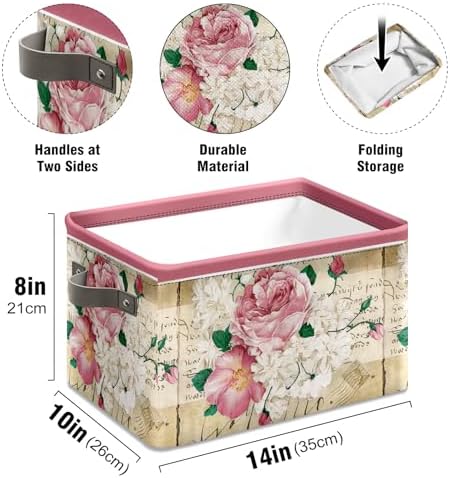 Vintage Rose Floral Foldable Baskets Storage Bins with Handles, Decorative Cloth Organizer Storage Boxes 2 sets - Image 6