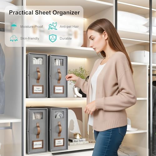 6 Pack Bed Sheets Organizers And Storage,Sheets Set Folder Keeper with Handle,Foldable Bedding Storage Box For Linen Closet,Duvet Cover(Cal King Size-5.2 Gal,Gray) - Image 2