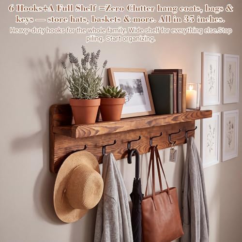 Geelin 35 Inch Wall Shelf with Hooks and Shelf Organizer Wall Mount Coat Rack with 6 Hooks for Hanging for Entryway, Hallway, Bathroom, Living Room, Bedroom - Image 3
