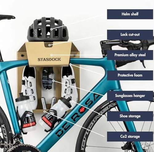 Stasdock Wall Bike Rack | Bike Storage Wall Mount System | For Race Bicycles (New Gold) and Mountain Bikes | Bike Shelf | Indoor bike wall bracket | Store your helmet and shoes | Home and Garage - Image 3