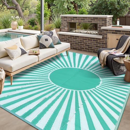 Wonnitar Waterproof 9x12 Outdoor Camping Rug - Large Plastic Straw Patio Rugs Clearance, Lightweight Reversible Outside Carpet for RV, Deck, Picnic, Beach, Balcony (Blue-Green, 9'x12') by Wonnitar