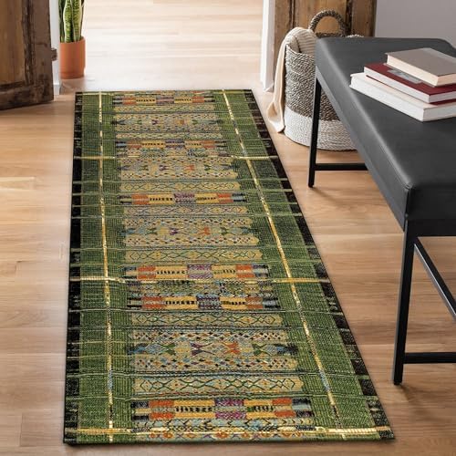Liora Manne Marina Low Profile Durable Indoor/Outdoor Woven Rug- Tribal Stripe Green 1'11" x 7'6" by LushDecor