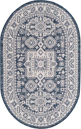 Rugs.com - Outdoor Aztec Rug – 3' 1 x 5' 3 Oval Blue Indoor/Outdoor Rug – Durable Flatweave for Patios, Decks, and Porches - Image 3