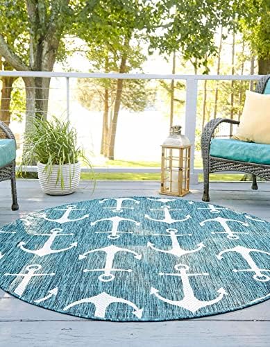 Unique Loom Outdoor Coastal Collection Area Rug - Ahoy (13' Round, Teal/ Ivory) - Image 3